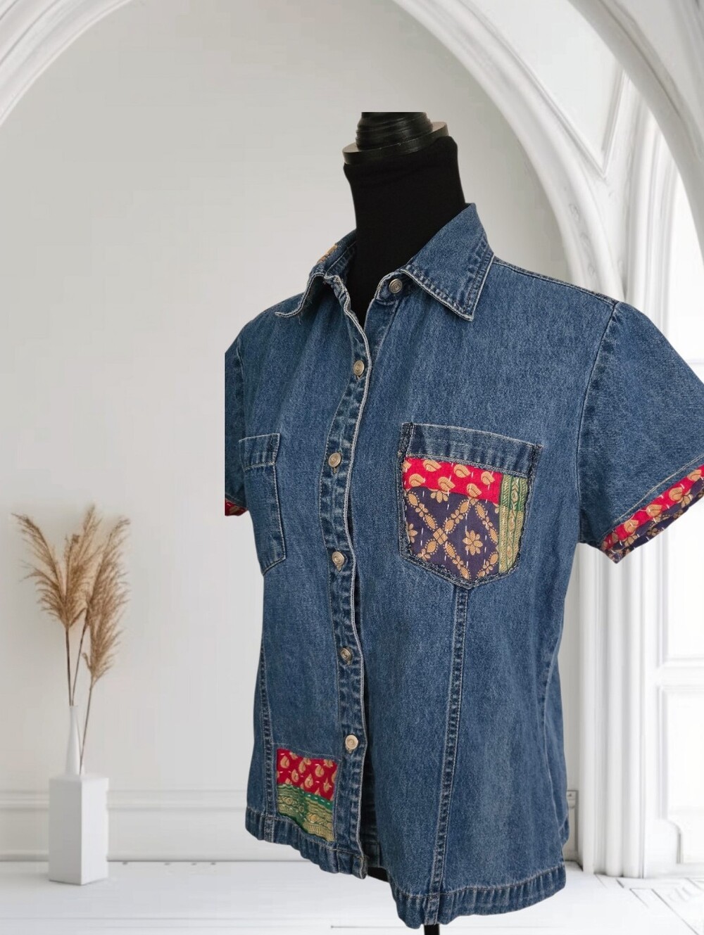 Upcycled Kantha Patchwork Vintage Denim Buttondown Shirt, Size L - Picture 4 of 7
